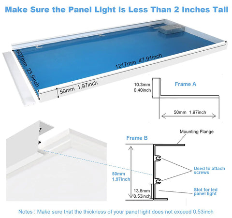 2x4 LED Flat Panel Surface Mount Kit with aluminum white frame showing detailed dimensions for ceiling install