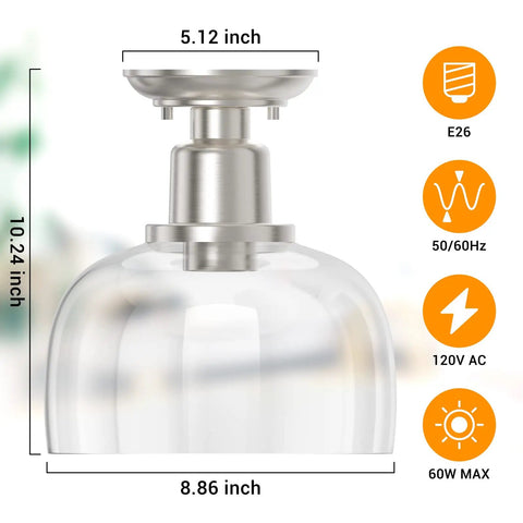 Semi Flush Mount Ceiling Light With Clear Glass Shade In Brushed Nickel Finish, dimensions and specifications shown