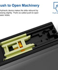 12 Inch Push to Open Drawer Slide 3 Fold Full Extension Heavy Duty 100lb Load Ball Bearing Side Mount Black Finish Ideal for Handleless Cabinets and Drawers 1 Pair push-to-open mechanism cutaway