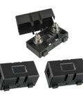 High Octane Midi Fuse Block For Screw On Or Strip Automotive Fuses Hella Durable M5 Bolt Mount three components arranged.
