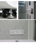 Mobile Office Pod Soundproof Work Booth modular components including wheels, door lock, and power outlets.