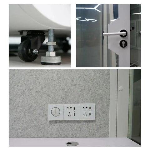 Mobile Office Pod Soundproof Work Booth modular components including wheels, door lock, and power outlets.