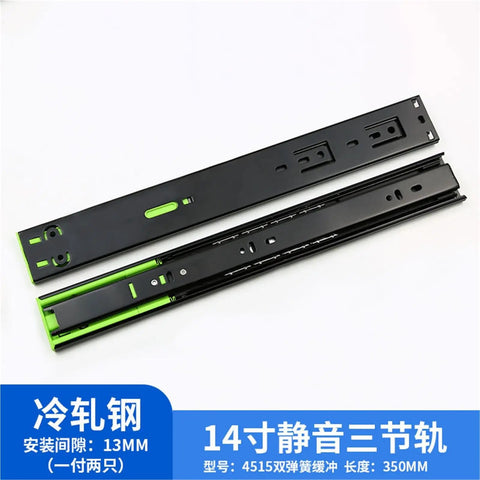 Thickened Cushioning Damping Drawer Slide Rail Three Section Silent Track With Steel Ball Bearing 14 Inch Black 2 Pack