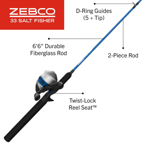 Salt Fisher 33 Spincast Reel And Rod Combo For Saltwater Inshore Fishing, 6 Foot 6 Inch Two-Piece Medium-Heavy Power Rod With Moderate-Fast Action