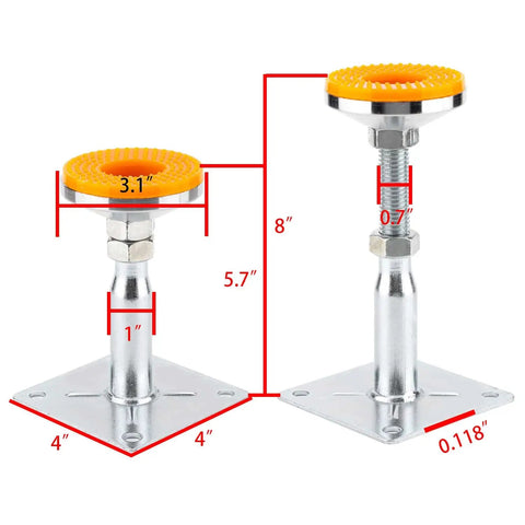Built Tough As Nails 2 Pack Adjustable Support Jacks showing height and diameter measurements, designed for RV steps or cabinet leveling.