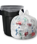 Hella Heavy Duty 60 Gallon Clear Trash Bags, 100 Count Bulk Pack, 38X58 Inch Size, 1.5 Mil Thickness visible with recycling items.