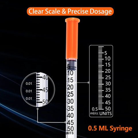 No Sweat 0.5 Ml Syringe With 31G 5/16 Inch Needle Pack Of 25 Sterile And Individually Bagged For Spot On Measurements Smooth Plunger Glide Rock Solid Grip, showing clear scale and precise dosage.