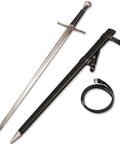 Medieval Sword Black Western Blade In Manganese Steel With Full Tang Build, 45.66 Inch Total Length, shown with scabbard
