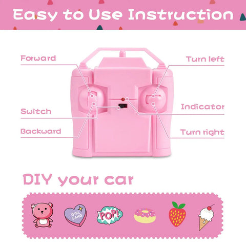 Pink 2.4GHz remote for Pink DIY Sticker RC Jeep For Girls with control labels and DIY sticker illustrations below.