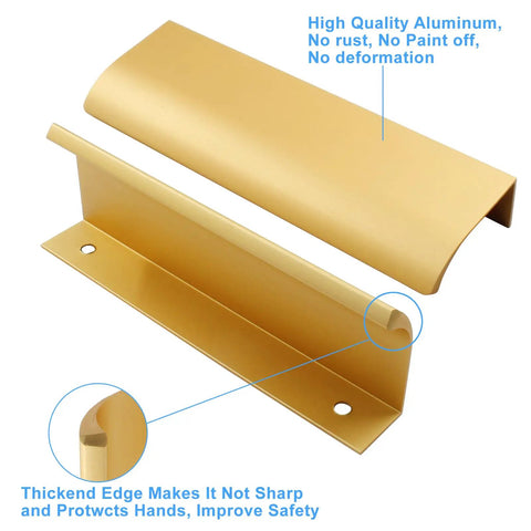Close-up of rose gold edge pulls with high-quality aluminum material and safety edges, ideal for cabinets and drawers.