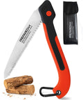 Folding Camp Saw With 8.5 Inch SK5 Steel Blade Heavy Duty Yet Lightweight Safety Lock Ergonomic Non Slip Grip For Effortless Wood Cutting On Trails Camps Or Survival Prep Go To Tool, displayed with logs and carry pouch.