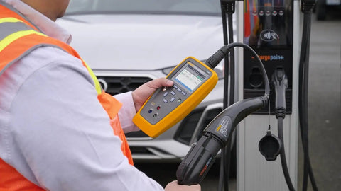 Heavy Duty Electric Vehicle Charging Station Analyzer With Type 1 Plug for knockout AC diagnostic testing in use.