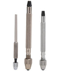 Slick 3-Pc Pin Vise Hand Drill Set for Watch Repair, three metal handheld tools with varying sizes for precision work.