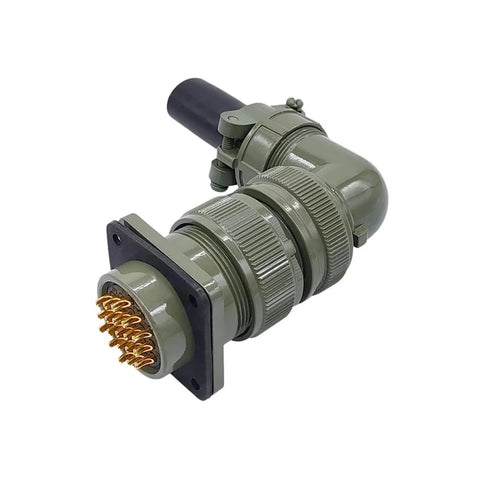 MS3108 military circular connector plug with olive drab housing, gold-plated pins, square mounting flange.