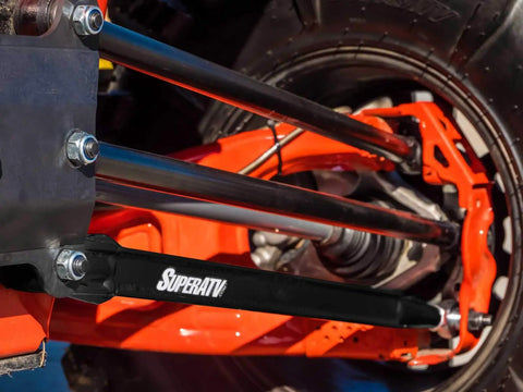 Beefy Heavy Duty Boxed Rear Radius Arms for Can Am Maverick X3 72 Inch Turbo X RC X MR X RS Max Models Lower Two Rods Only Black Finish With Reinforced Pivot Joints And Five Eighth Inch Heim Joints For Serious Strength installed on rear suspension