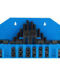 58 Pcs T Slot Clamp Kit For Lathe And Milling Machines with blue storage box showing studs and press plates.