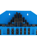 Hot Deal Hardened T-Slot Clamp Set With Press Plates For Milling And Turning Machines Heavy Duty Clamping System For Metals And CNC Work displayed in blue organizer.