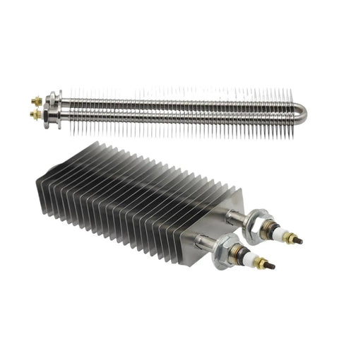 Rock Solid Electric Finned Tubular Heater Delivering Quick Strike Warmup 1500W 230V Power with stainless steel fins and mounting ends.
