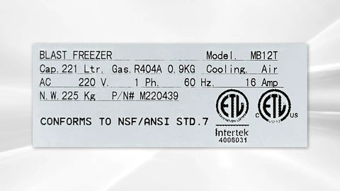Label of Top Shelf Heavy Duty Commercial Blast Freezer 241 Liter Capacity Stainless Steel Build Rapid Chill Down To Minus 39 Degrees Digital Panel Etl Certified