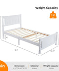 Twin Size Solid Wood Platform Bed Frame With Headboard No Box Spring Needed White Finish Wood Slat Mattress Support side view dimensions
