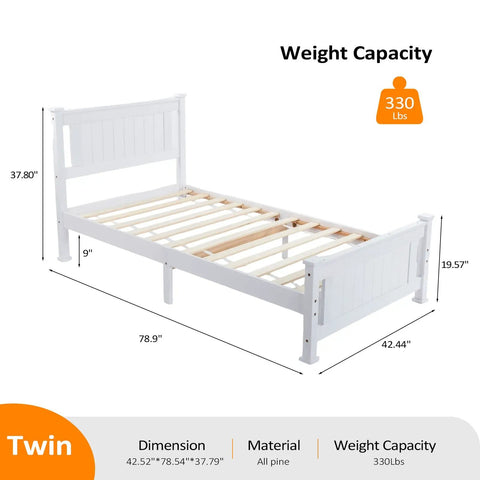 Twin Size Solid Wood Platform Bed Frame With Headboard No Box Spring Needed White Finish Wood Slat Mattress Support side view dimensions