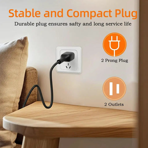 Short 5Ft Black Power Extension Cord For Indoor Use With 125V 5A 625W Two Prong And Two Outlets Perfect For Holiday Lights