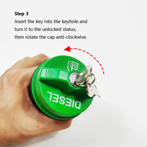 Locking Diesel Fuel Cap With Keys Fits Chevy Silverado Express C3500 K3500 Dodge Ram 3500 W350 D350 Ford F 250 E 350 GMC Sierra Savana Interchange 9MGC791 10591D OE Quality Durable Secure Cap in hand showing unlocking process.