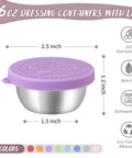Eight Pack 1.6 Oz Portable Salad Dressing Containers With Lids Leakproof Reusable Stainless Steel Sauce Cups with purple lid