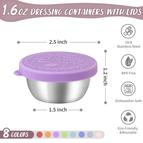 Eight Pack 1.6 Oz Portable Salad Dressing Containers With Lids Leakproof Reusable Stainless Steel Sauce Cups with purple lid