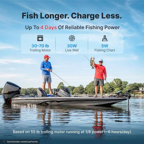 Two fishermen on a boat using a Heavy Duty 12V Lithium Battery 165Ah Deep Cycle Packs 1200 CCA for fishing.