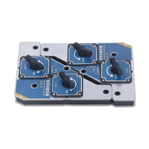 Heavy Duty Magnetic Welding Clamp With Dual Switch Control Holds 50KG For Perfect 90 Degree Steel And Iron Pipe Bar Positioning Fixture front view with knobs.