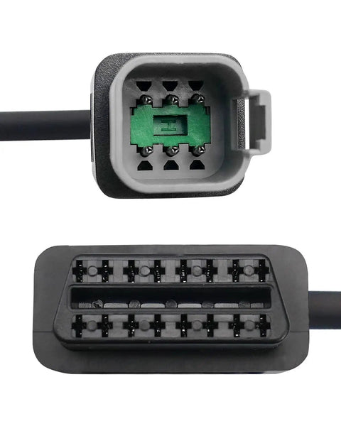 Close-up of 6Pin To 16Pin Motorcycle OBD Diagnostic Cable Adapter for OBD2 OBDII Systems showing connectors for ATVs, UTVs, motorcycles.