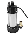 Top Shelf Stainless Steel Submersible Sump Pump With Three Hundred Watt Motor And Four Cubic Meter Flow showing motor and drainage outlet.
