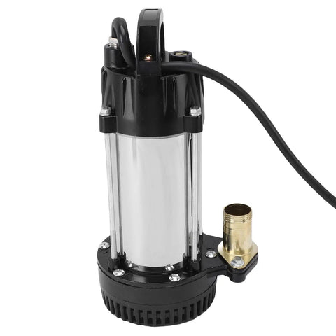 Top Shelf Stainless Steel Submersible Sump Pump With Three Hundred Watt Motor And Four Cubic Meter Flow showing motor and drainage outlet.