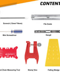 Contents of Pro Grade All In One Chainsaw Chain Sharpener Kit With Sixteen Pieces Including tools like screech and felling wedge.