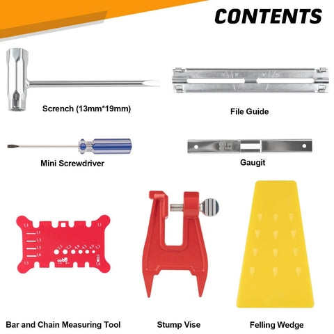 Contents of Pro Grade All In One Chainsaw Chain Sharpener Kit With Sixteen Pieces Including tools like screech and felling wedge.