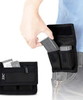 Durable Camera Battery Pouch Case For 2 Batteries With Zipped Card Pocket shown attached to belt, holding batteries and cards