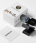 Slick 1080P HD Webcam For PC And Laptop With Dead Quiet Noise Canceling Mic And Plug And Play Setup For Smooth Video Calls with packaging and manual.