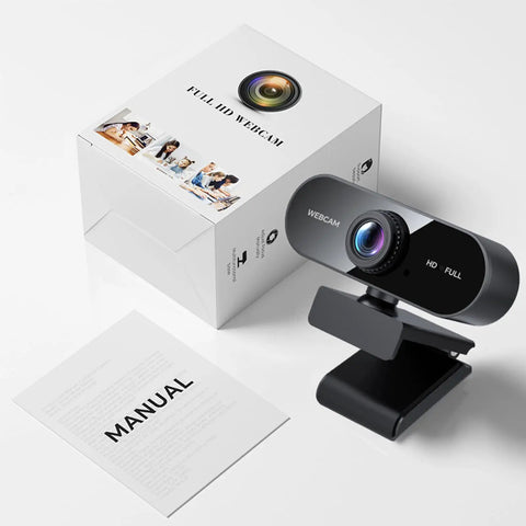 Slick 1080P HD Webcam For PC And Laptop With Dead Quiet Noise Canceling Mic And Plug And Play Setup For Smooth Video Calls with packaging and manual.