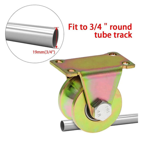 Built Tough 2 Inch V Groove Casters For Sliding Gates Rock Solid Heavy Duty Rigid Wheels Engineered For Inverted Tracks With 660 Lb Load Capacity set on 3/4 inch tube track.