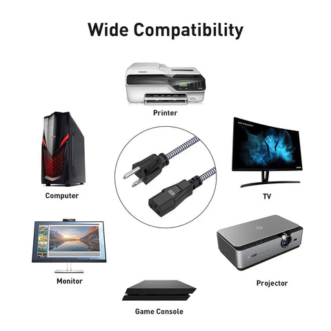 Heavy Duty 10A 18AWG Nylon Braided 10 Ft AC Power Cord 3 Prong Replacement Cable For Computer TV Monitor Printer Projector