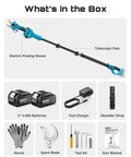 Contents of 2-In-1 Pole Pruning Shears With 1.6 Inch Cutting Diameter Cordless Electric Pruner box including batteries and tools.