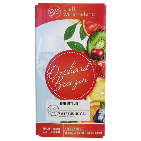 Orchard Breezin Blueberry Bliss Winemaking Kit For 6 Gallons, Easy To Follow Directions box with fruit imagery and kit size shown