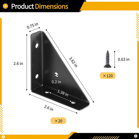 20 Pack Corner Brace Brackets For Wood, Stainless Steel Triangle Shelf Brackets with dimensions and 120 screws visible