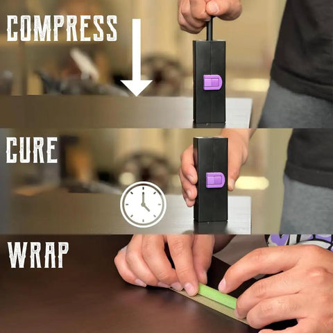 Step-by-step use of Mini Cannagar Mold And Cigar Roller Kit 1-2g Press: compress, cure, and wrap stages demonstrated by hands.