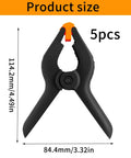 Five Pack Four And A Half Inch Spring Clamps For Backdrops And Crafts, Heavy Duty Plastic Clips, dimensions shown, 5 pcs