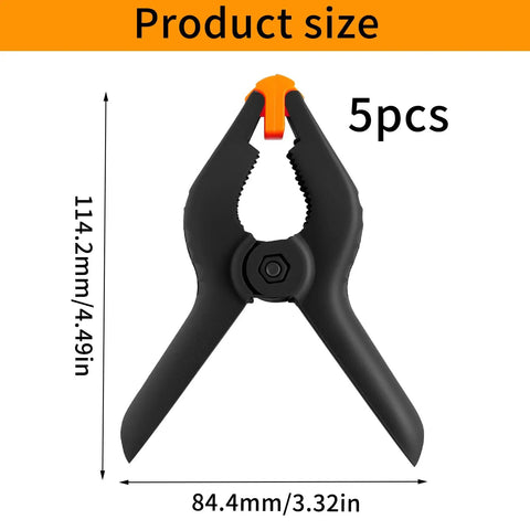 Five Pack Four And A Half Inch Spring Clamps For Backdrops And Crafts, Heavy Duty Plastic Clips, dimensions shown, 5 pcs