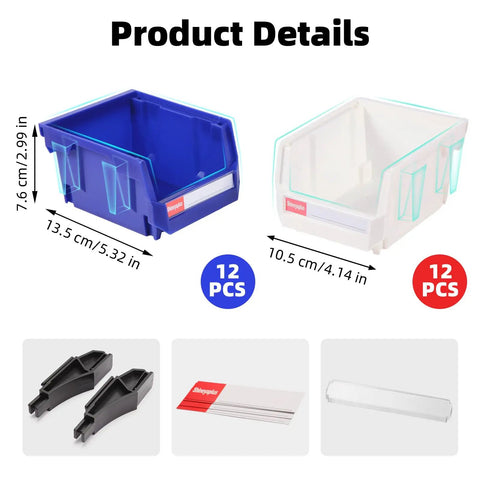 Heavy Duty Stackable Plastic Storage Bins 24 Pack For Garage Tools And Small Parts Organization 5x4x3 Inch Blue And White 33 Lbs Per Bin