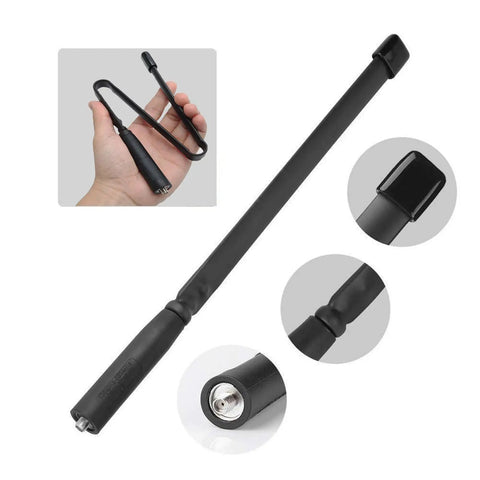 Tactical Foldable 18.8 Inch VHF UHF High Gain Ham Radio Antenna 144 430 MHz With SMA Female Connector, compact design, black.