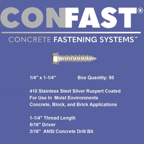 1/4 Inch By 1-1/4 Inch Concrete Screws With Diamond Point 410 Stainless Steel Self-Tapping Hex Head Fasteners Includes Drill Bit